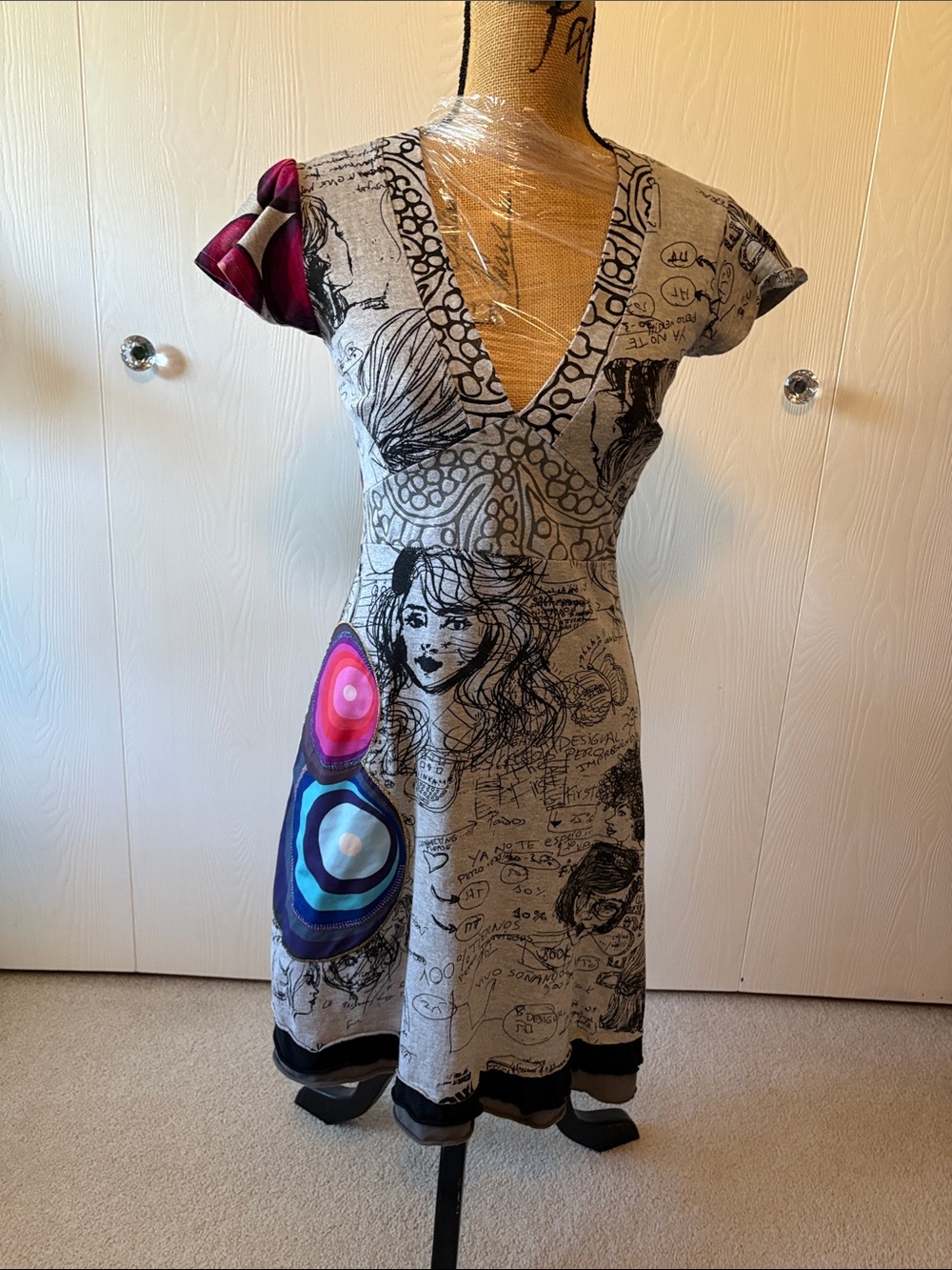 Desigual V-Neck Sketch Print A-Line Dress with Colorful Accents